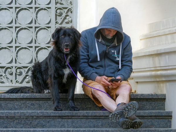 Man sitting on steps with a black dog on a leash, using a phone.