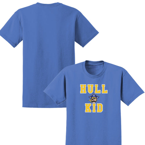 Blue t-shirt with 'Hull Kid' print on a white background
