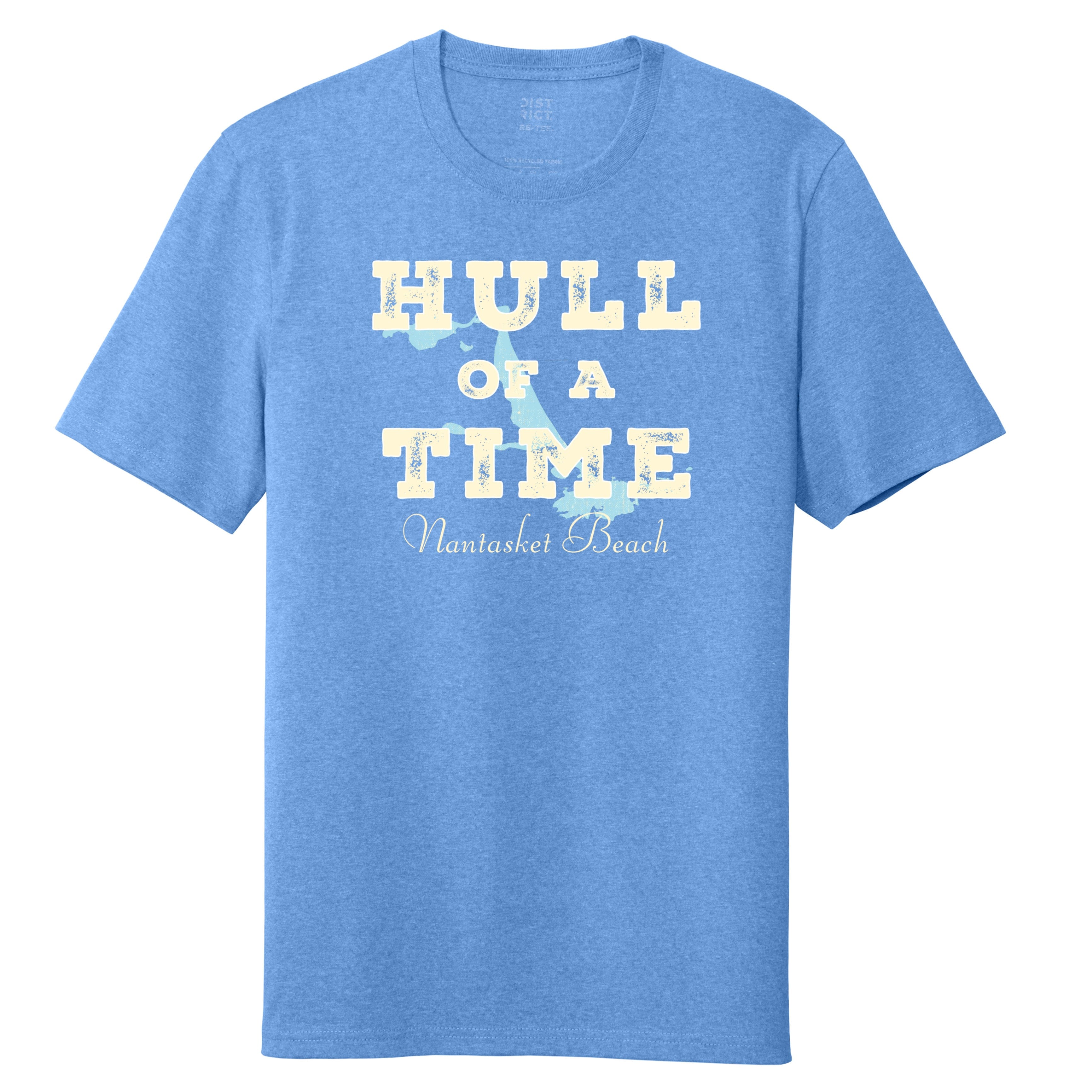 Blue t-shirt with 'Hull of a Time Nantasket Beach' text and graphic on a white background