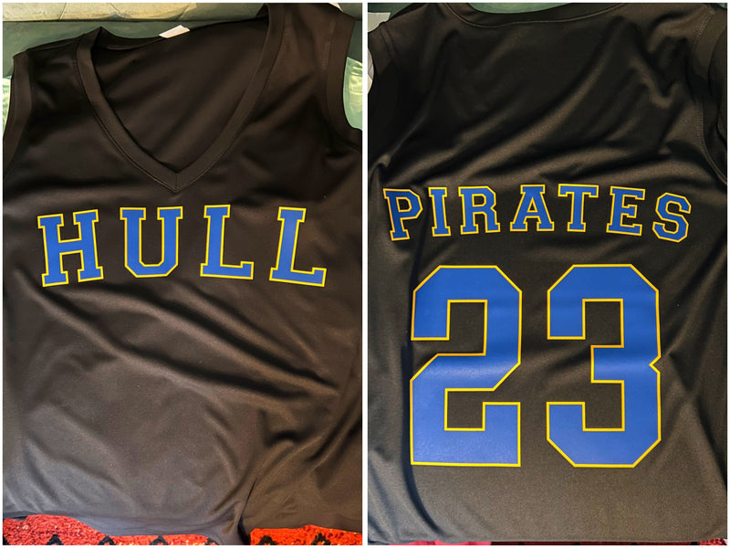 Black sleeveless shirt with 'HULL' and 'PIRATES 23' printed on it.