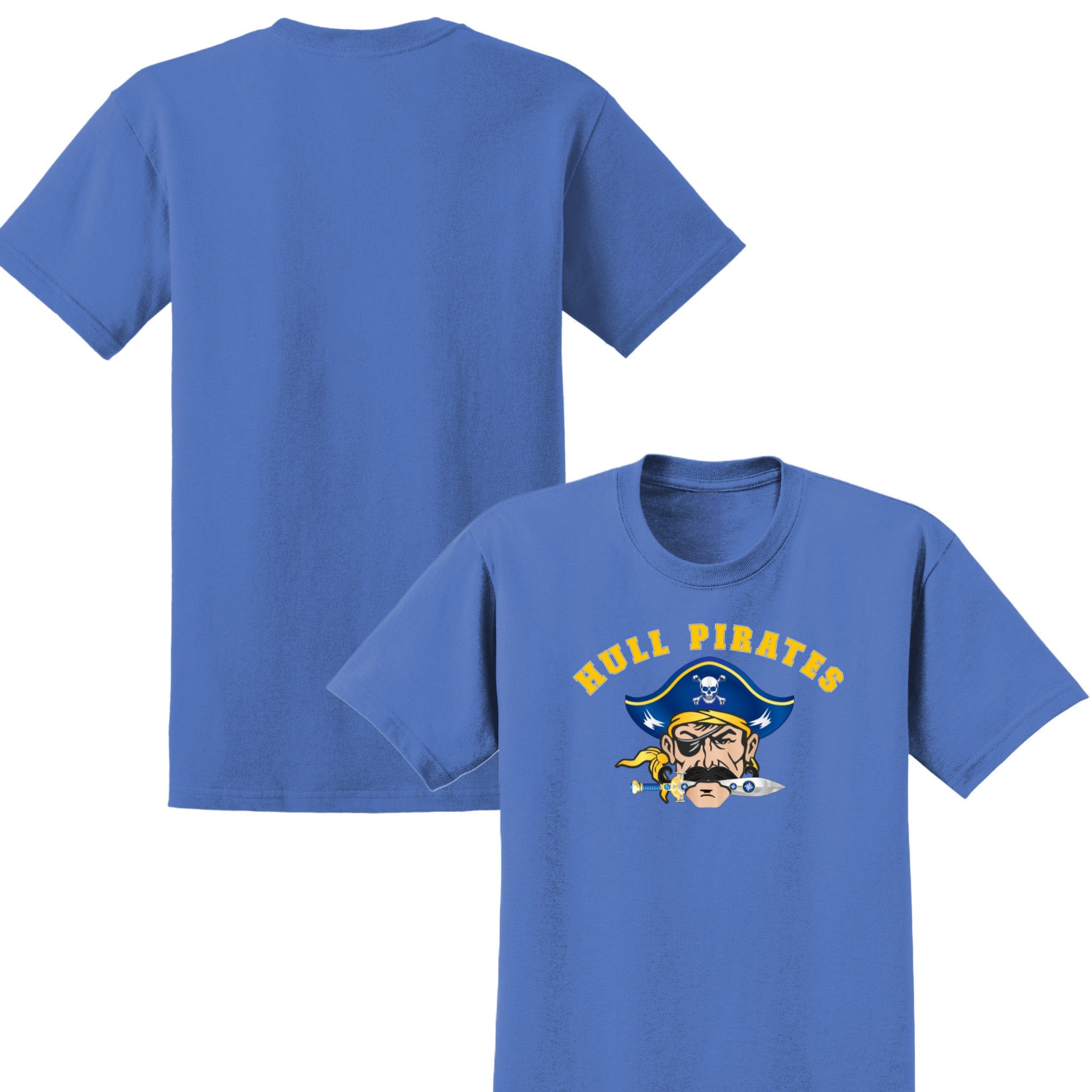 Blue t-shirt with 'Hull Pirates' logo on a white background