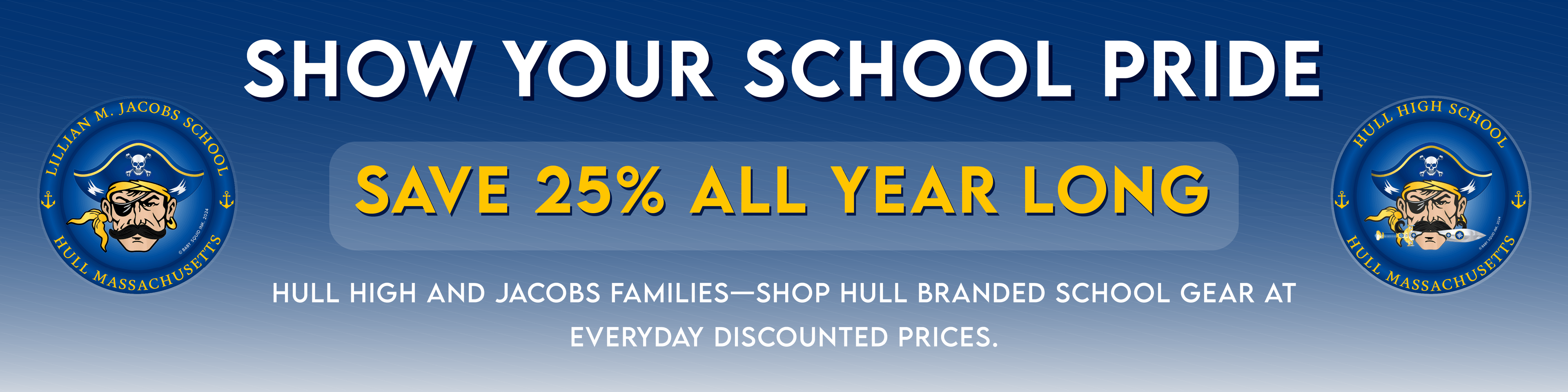 Promotional banner for saving 25% on school gear with a blue background and school logos.