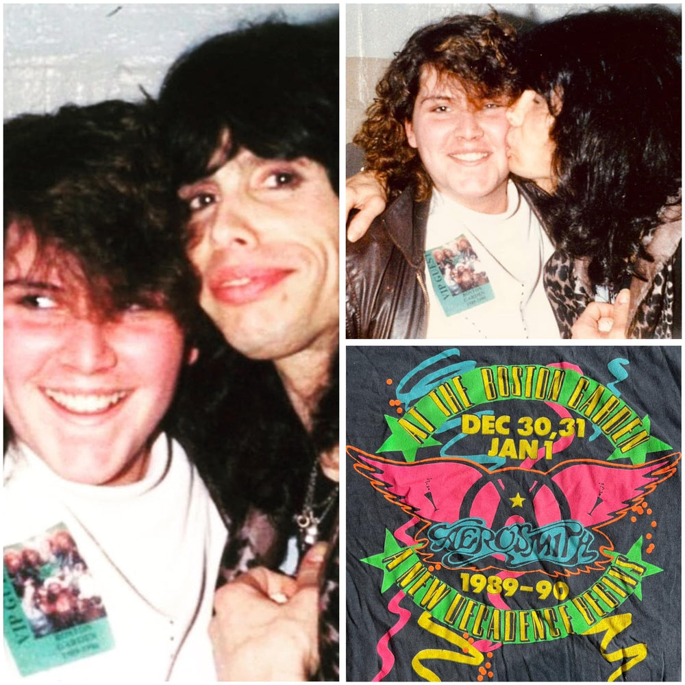Collage of two people posing together with a colorful concert t-shirt featuring 'Aerosmith' and dates.