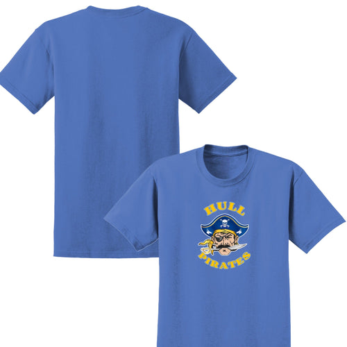 Blue t-shirt with 'Hull Pirates' logo on a white background