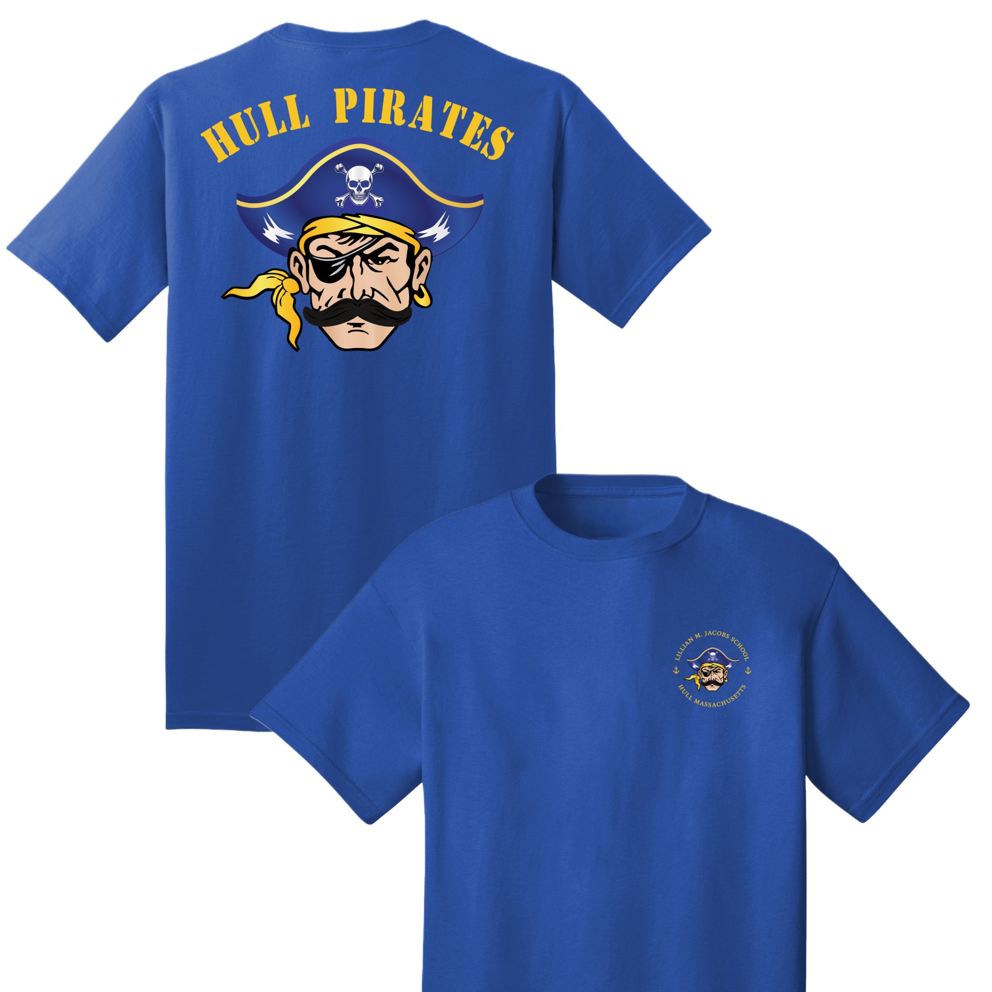 Blue t-shirt with 'Hull Pirates' design on front and back