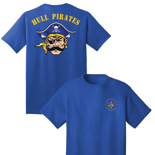 Blue t-shirt with 'Hull Pirates' design on front and back
