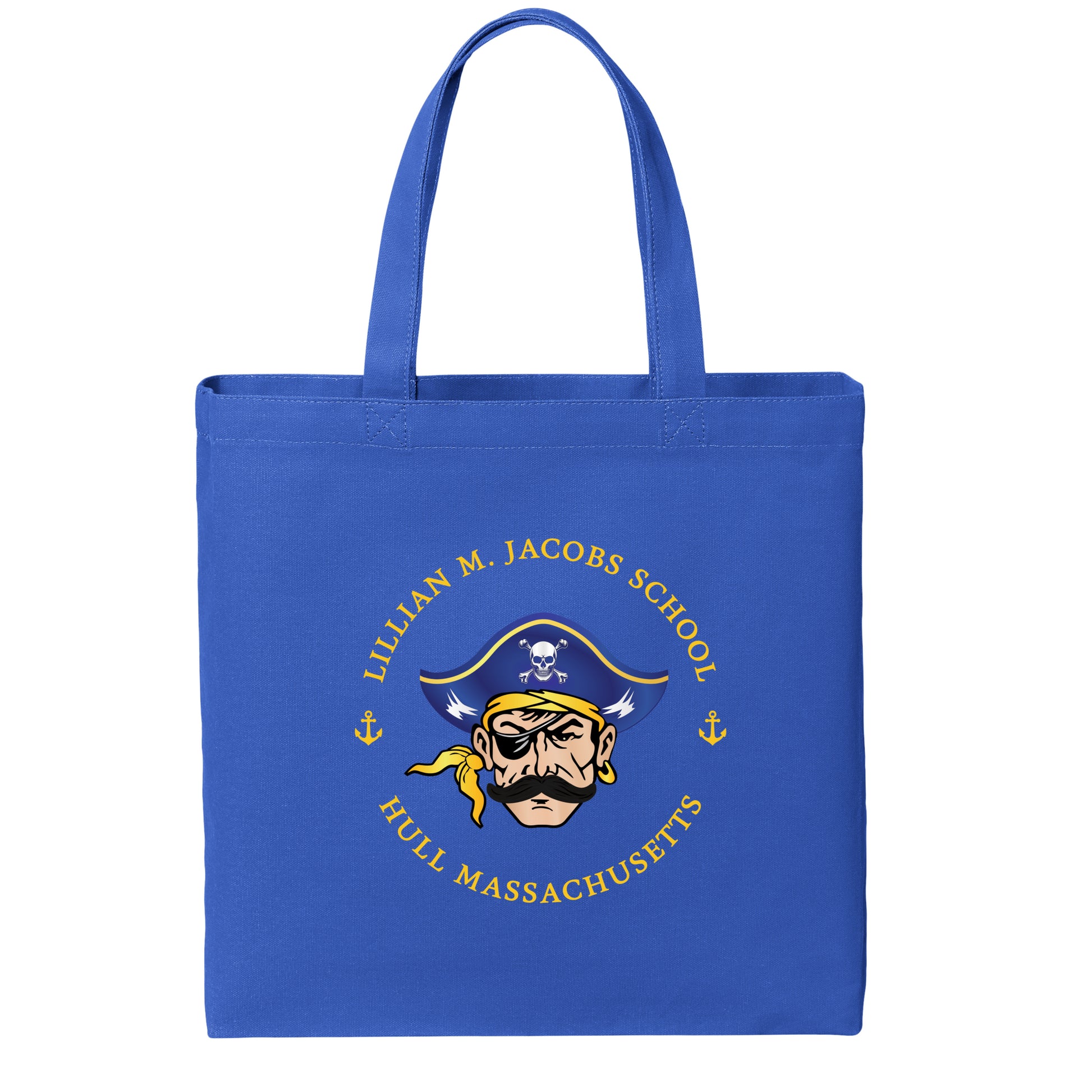 Blue tote bag with Lillian M. Jacobs School logo on a white background