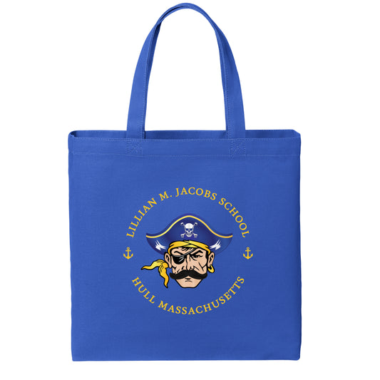 Blue tote bag with Lillian M. Jacobs School logo on a white background
