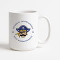 White mug with Lillian M. Jacobs School logo featuring a pirate design on a white background