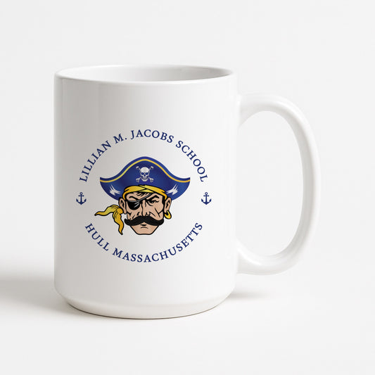White mug with Lillian M. Jacobs School logo featuring a pirate design on a white background