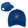 Blue cap with a logo and text on a white background