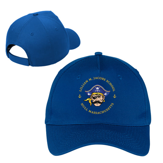 Blue cap with a logo and text on a white background