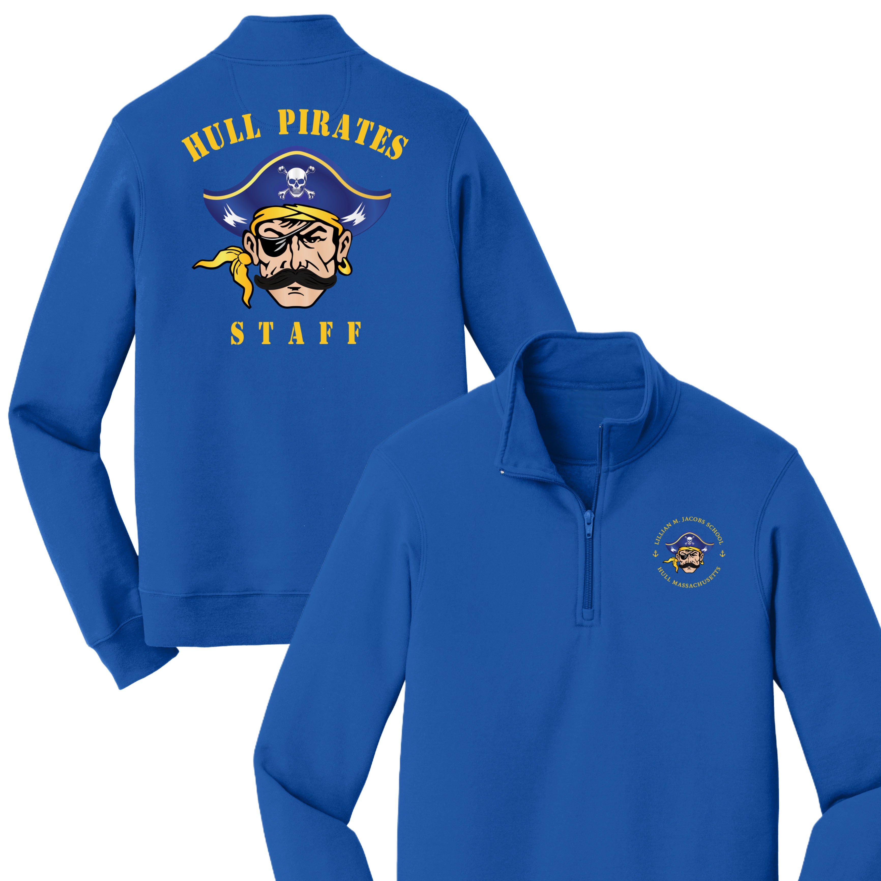 Blue pullover with 'Hull Pirates Staff' logo on a white background