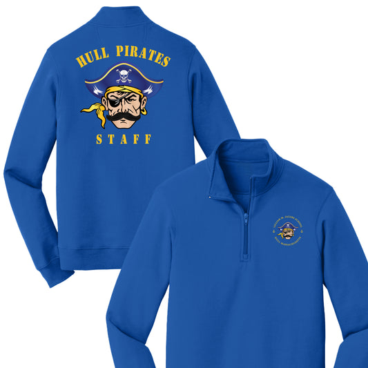 Blue pullover with 'Hull Pirates Staff' logo on a white background