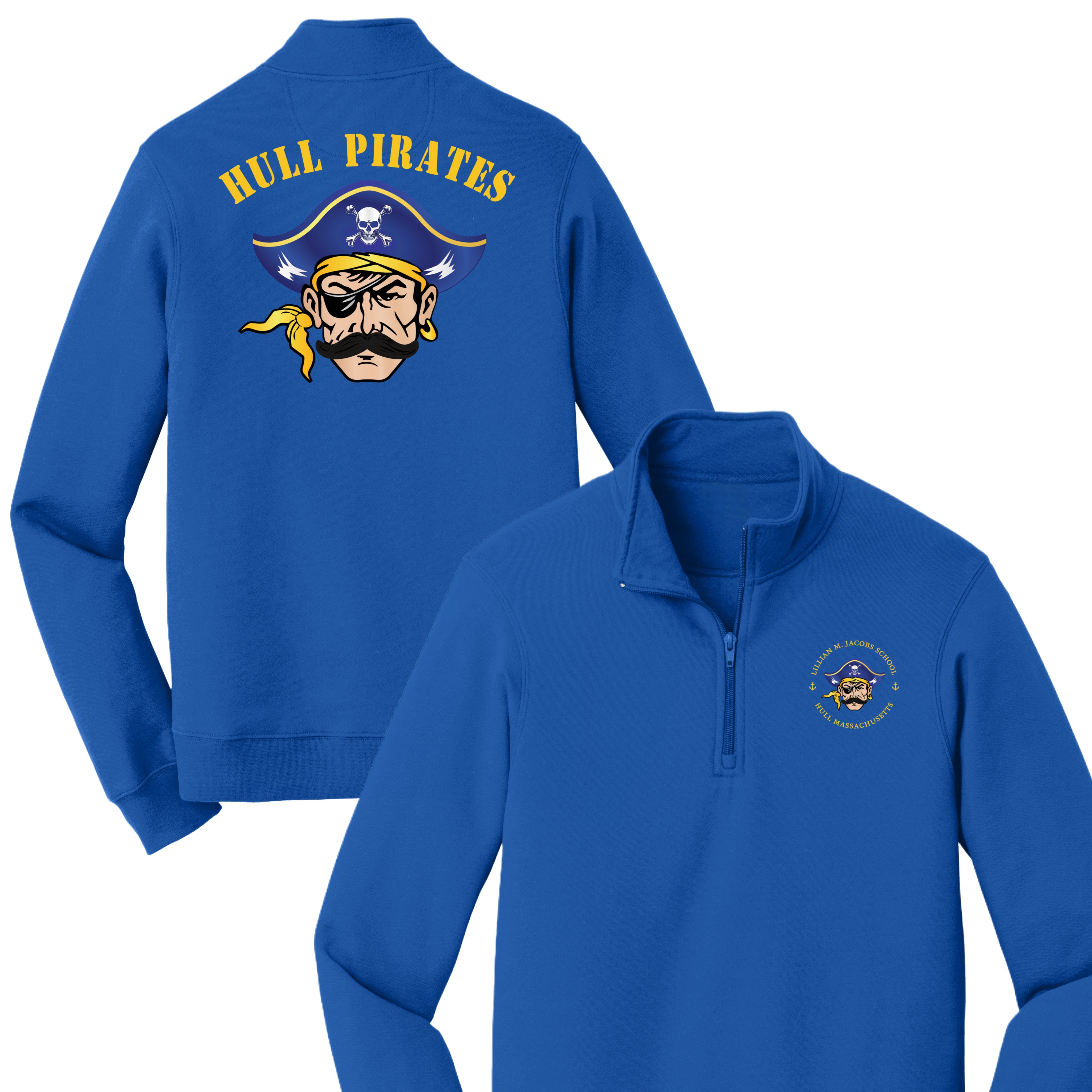 Blue pullover with 'Hull Pirates' logo on a white background