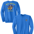 Blue sweatshirt with 'Hull Pirates Staff' design on front and back