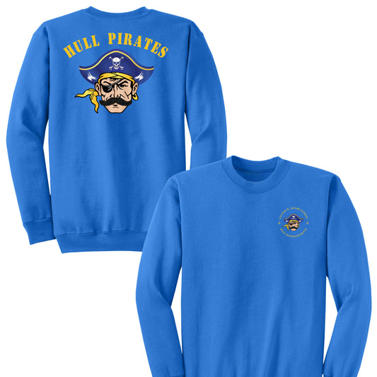 Blue sweatshirt with 'Hull Pirates' design on front and back