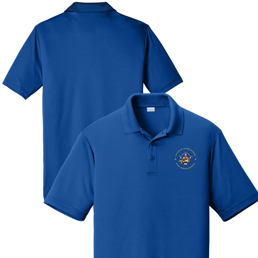 Blue polo shirt with a logo on the chest, shown from front and back views.