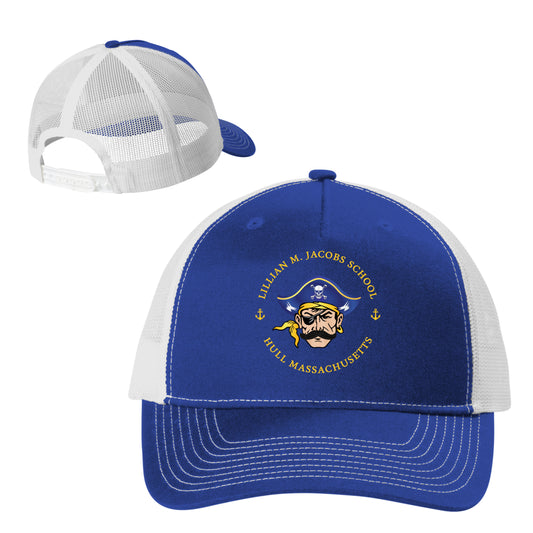 Blue and white cap with a logo and text on a white background