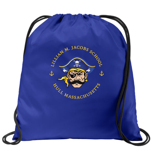 Blue drawstring bag with Lillian M. Jacobs School logo on a white background
