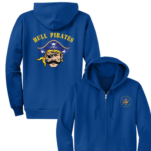 Blue hoodie with 'Hull Pirates' design on the back, displayed from front and back views.