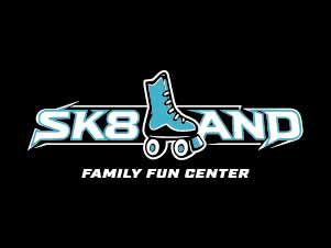 SK8LAND Family Fun Center logo with a blue roller skate on a black background