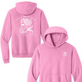 Pink hoodie with mermaid design on the back and small logo on the chest, on a white background.