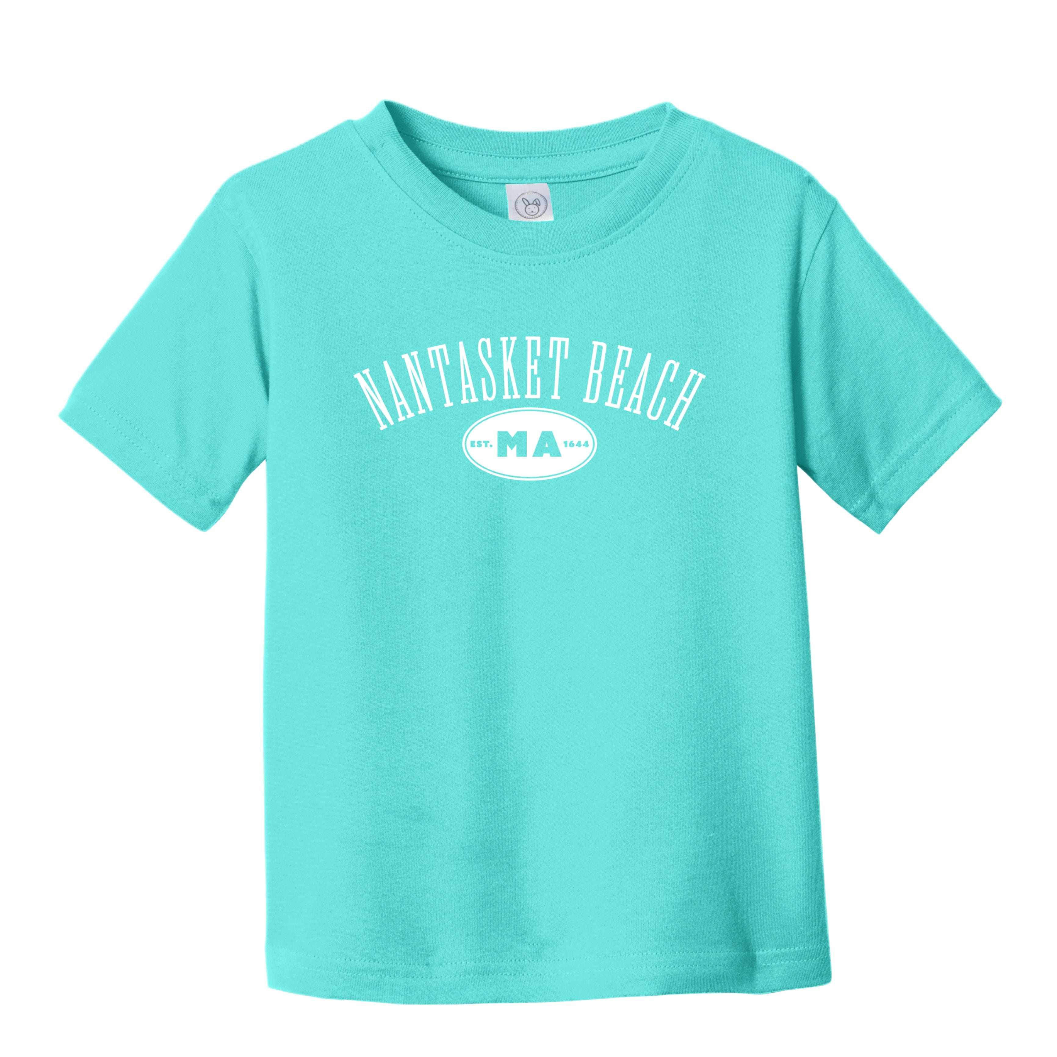 Turquoise t-shirt with 'Nantasket Beach MA' text on a white background