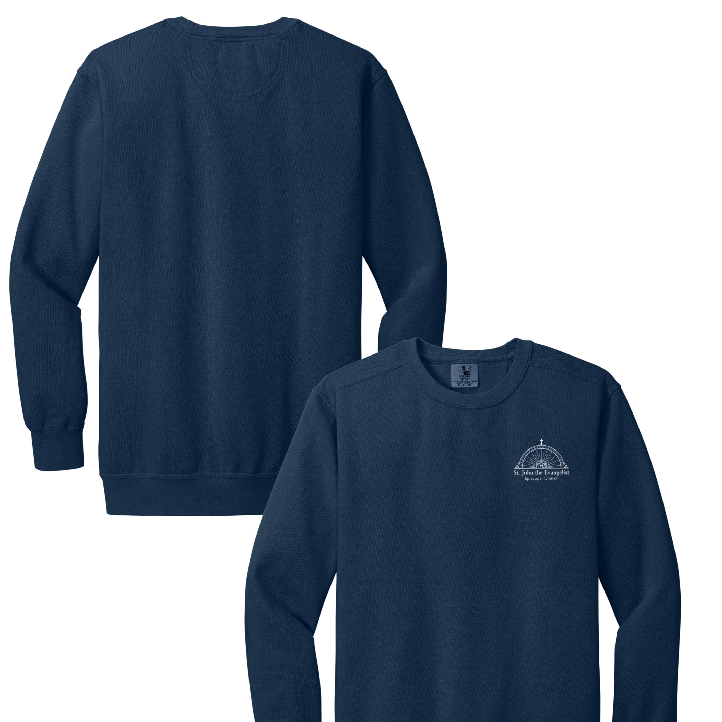 Navy blue long-sleeve shirt with a logo on the chest, shown from front and back.