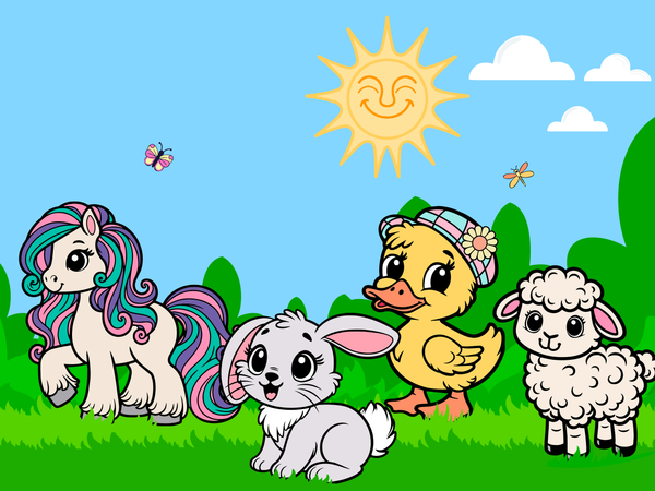 Cartoon animals including a pony, rabbit, duck, and sheep under a sunny sky.