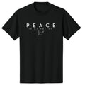 Black t-shirt with 'PEACE IS MY POLICY' text and dove graphic on a white background