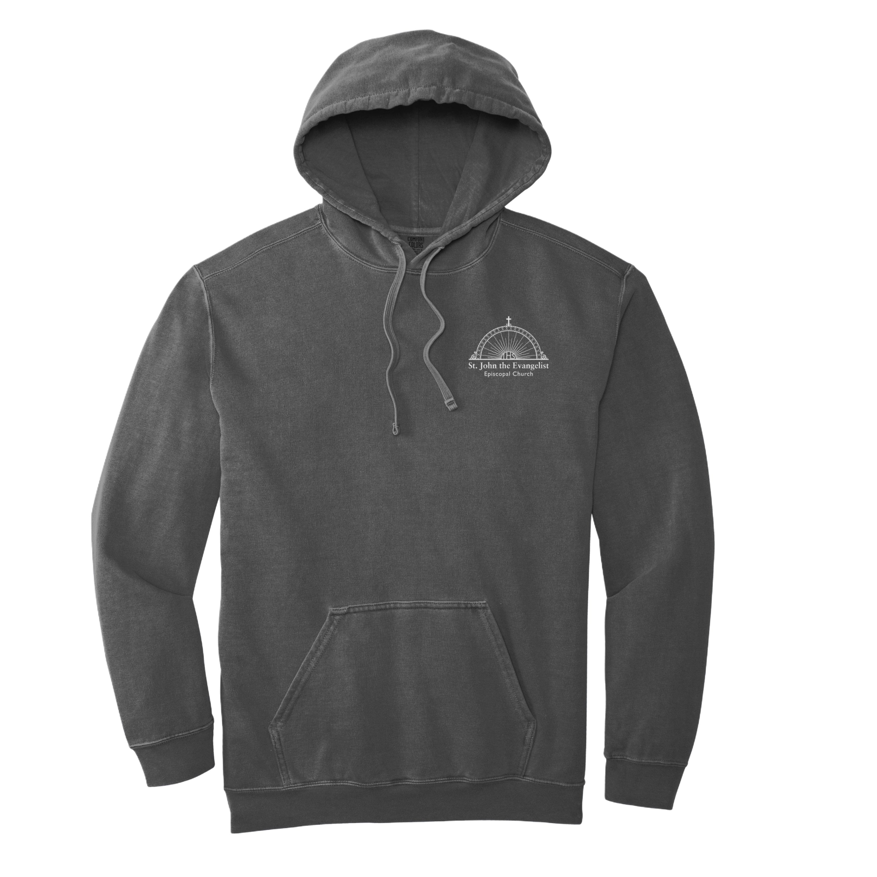 Gray hoodie with a logo on the chest against a white background
