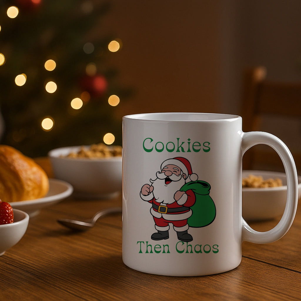 White mug with Santa Claus design and 'Cookies Then Chaos' text on a table with Christmas decorations.