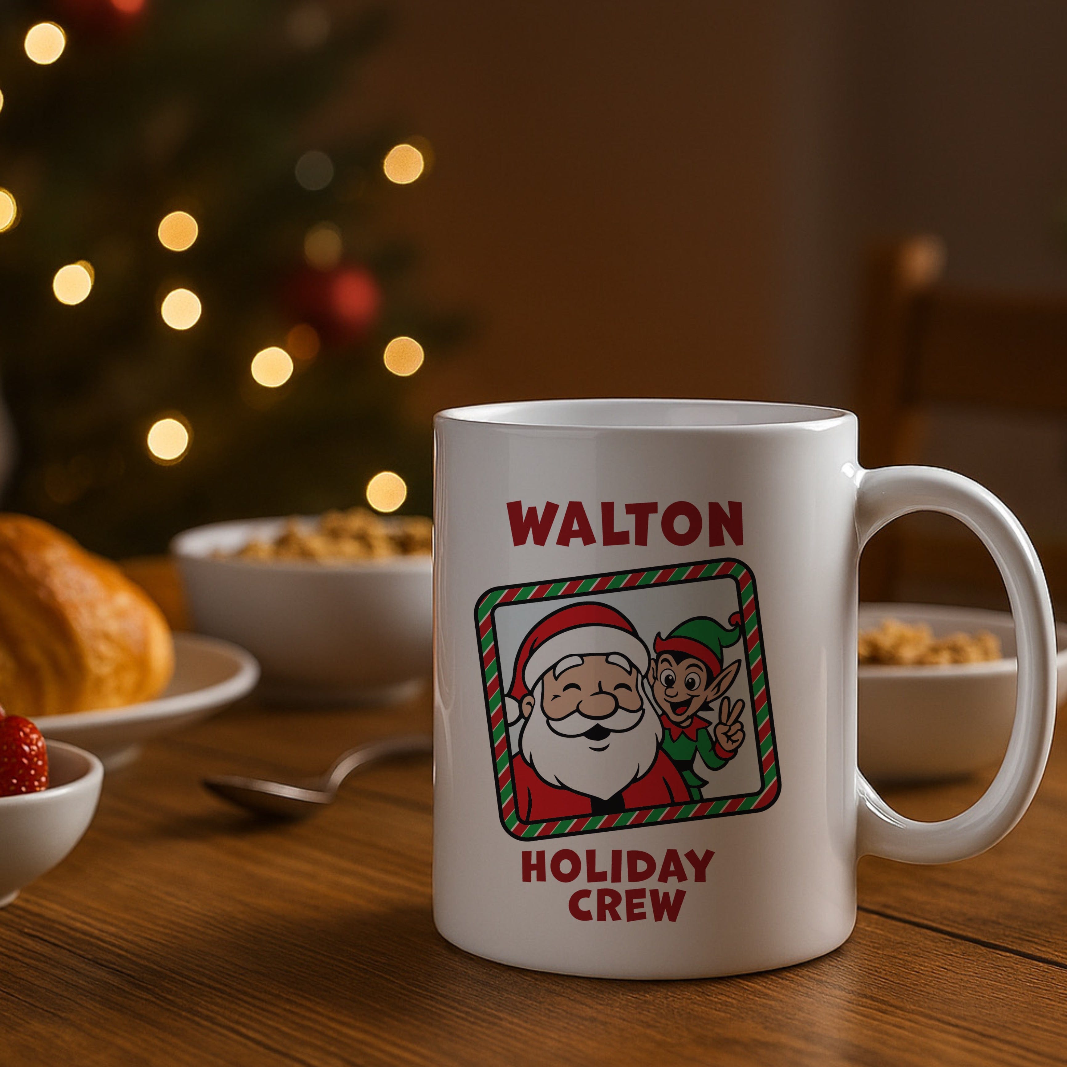 White mug with 'Walton Holiday Crew' design on a table with Christmas decorations.