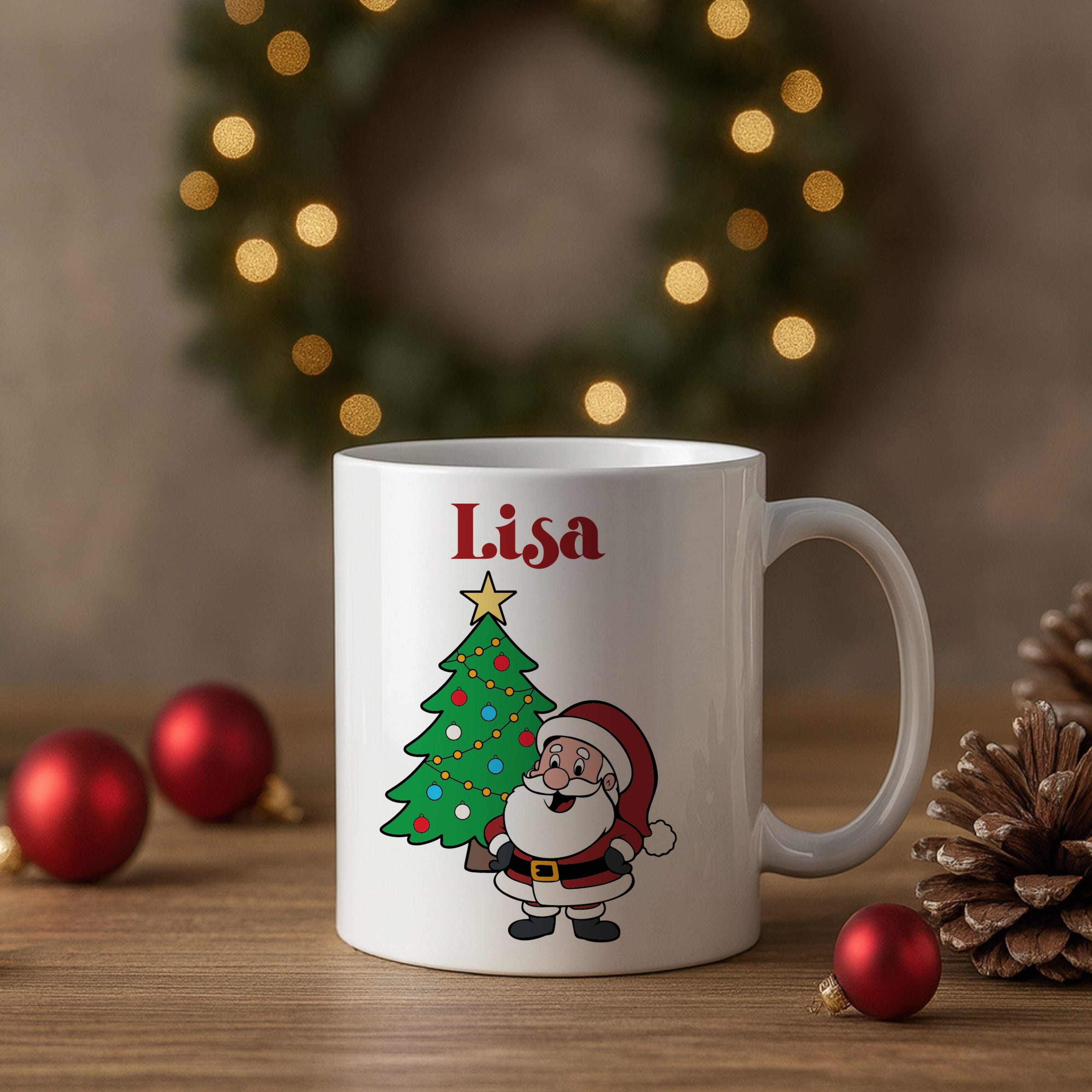 White mug with 'Lisa' and Christmas-themed design on a wooden surface with festive decorations.