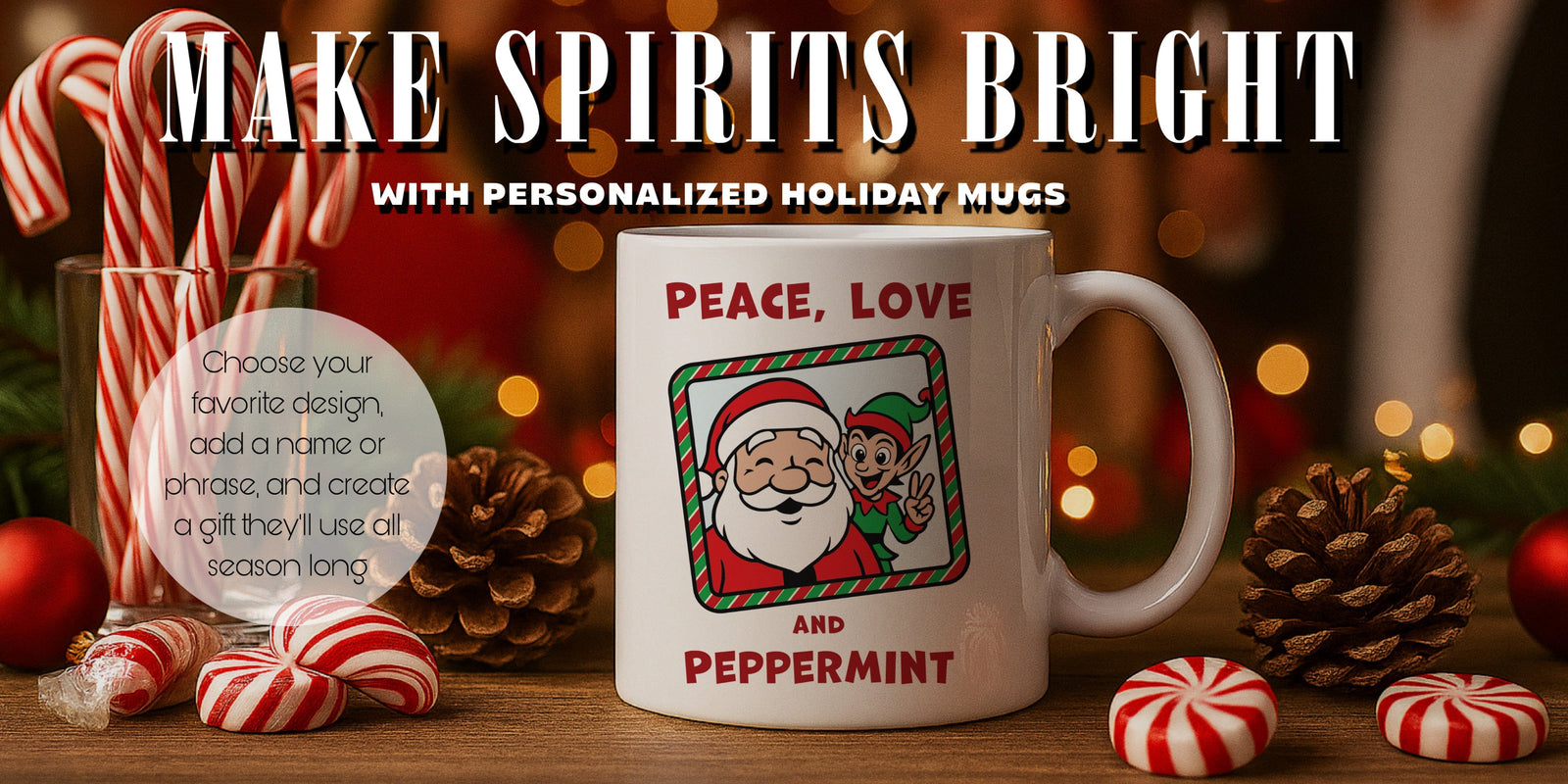 White mug with Santa and elf design, surrounded by Christmas decor on a wooden table.