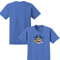 Blue t-shirt with a pirate-themed graphic on a white background