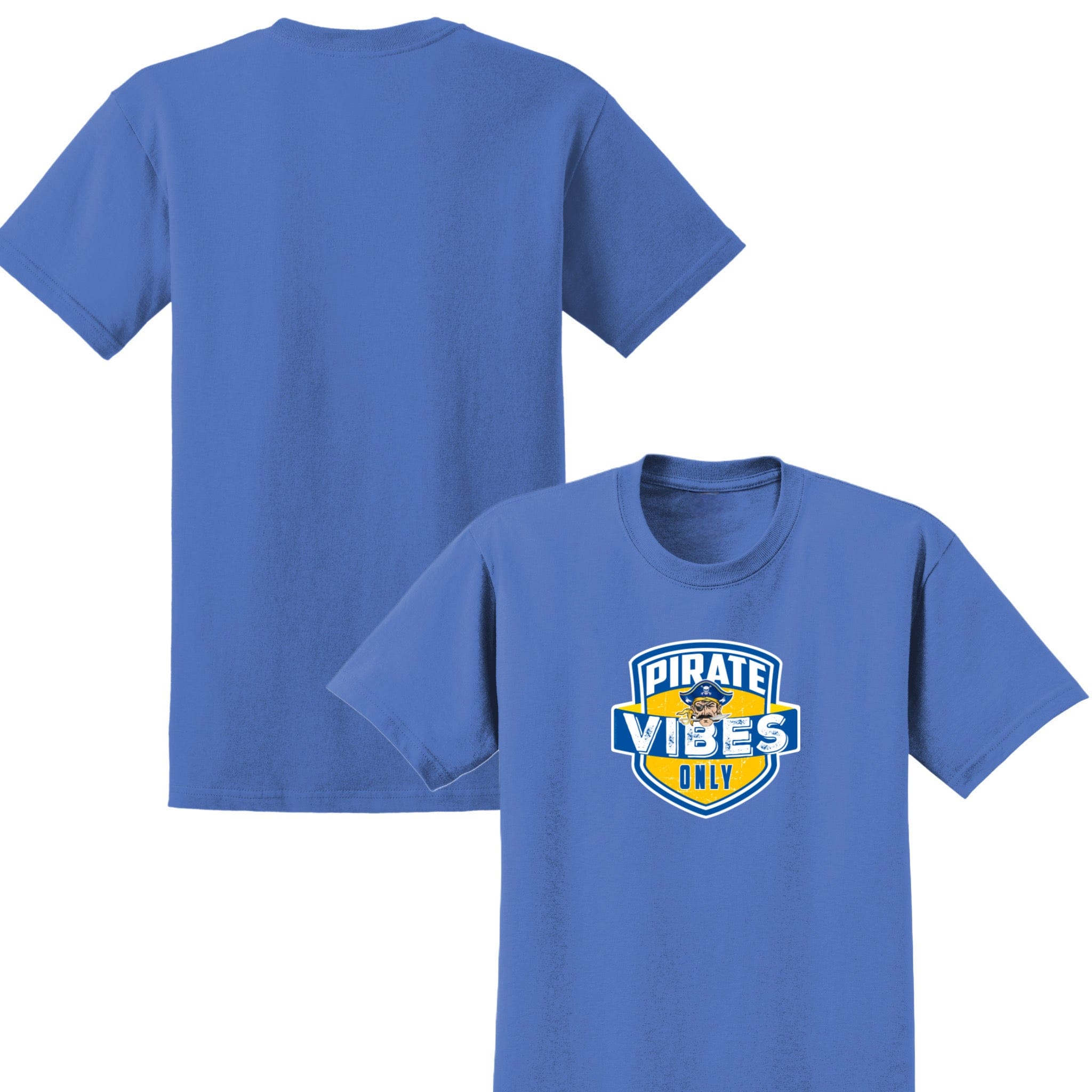 Blue t-shirt with 'Pirate Vibes Only' graphic on a white background