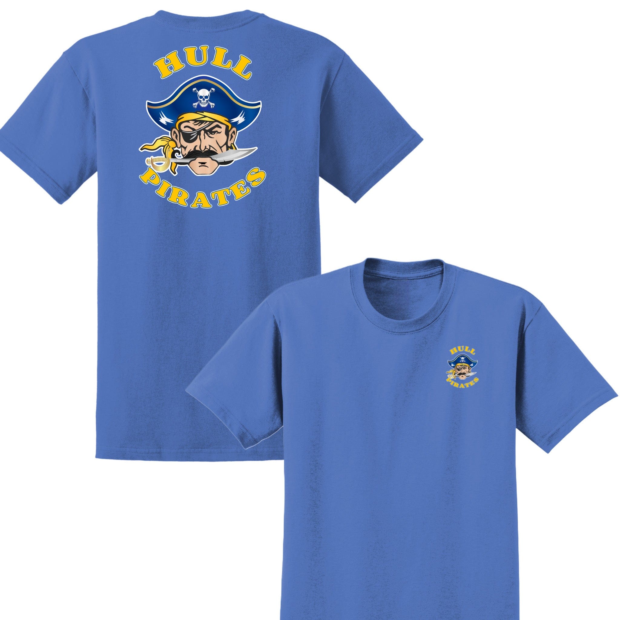 Blue t-shirt with 'Hull Pirates' design on front and back