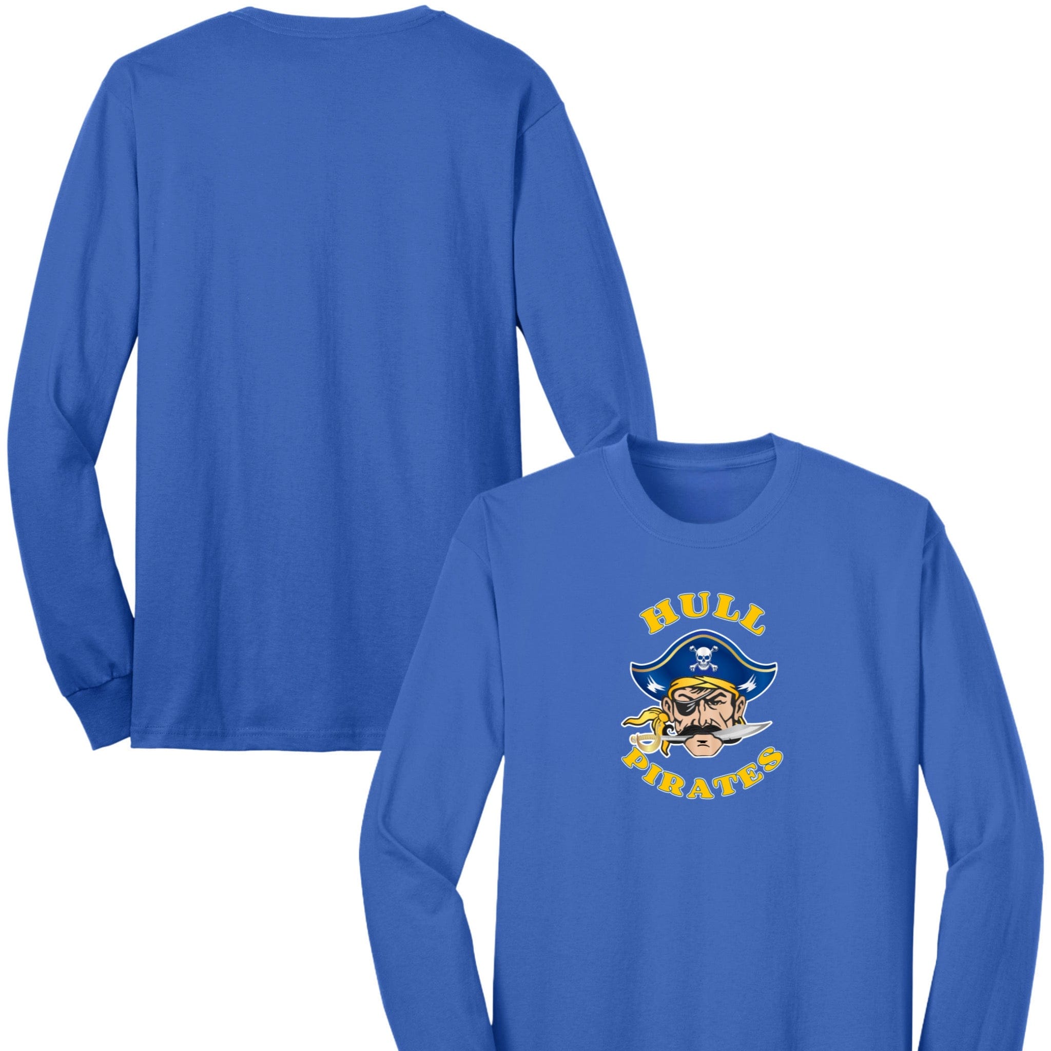 Blue long-sleeve shirt with 'Hull Pirates' logo on a white background