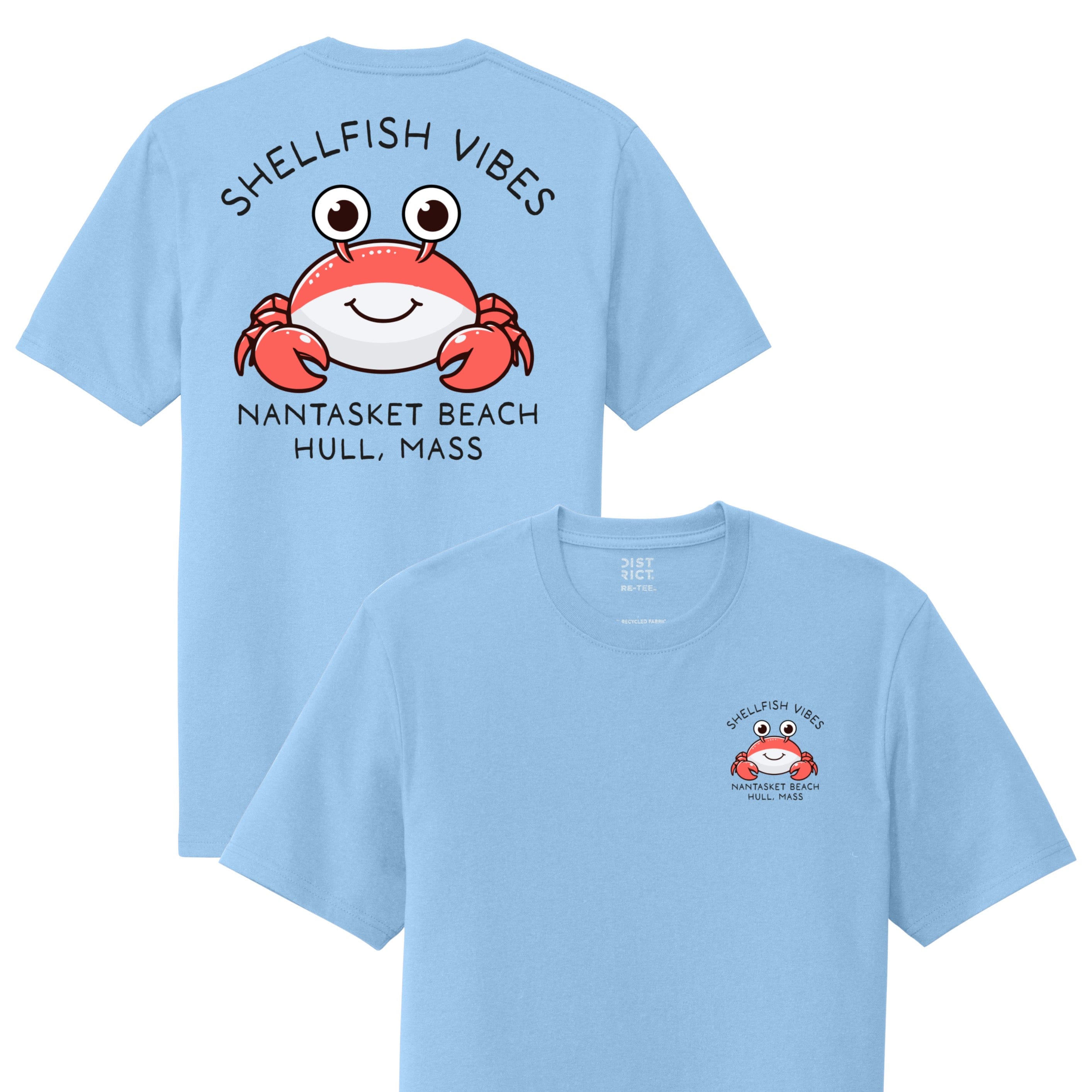 Light blue t-shirt with a cartoon crab design and text on a white background