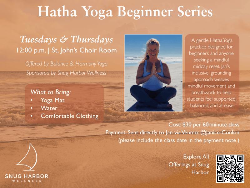 Promotional flyer for Hatha Yoga Beginner Series at Snug Harbor Wellness with a woman on a beach.