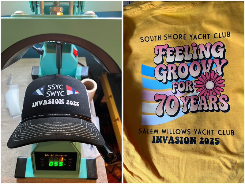 Black cap with text on a machine and yellow t-shirt with 'Feeling Groovy for 70 Years' design.