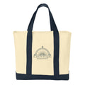 Beige tote bag with navy handles and logo on a white background