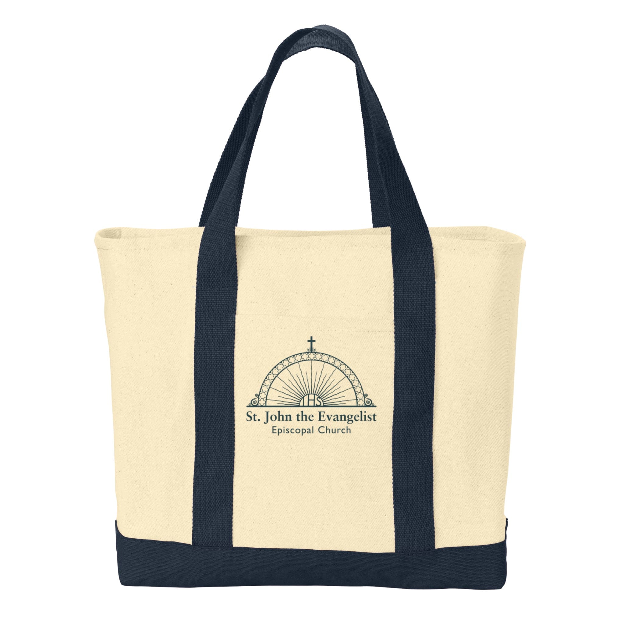 Beige tote bag with navy handles and logo on a white background