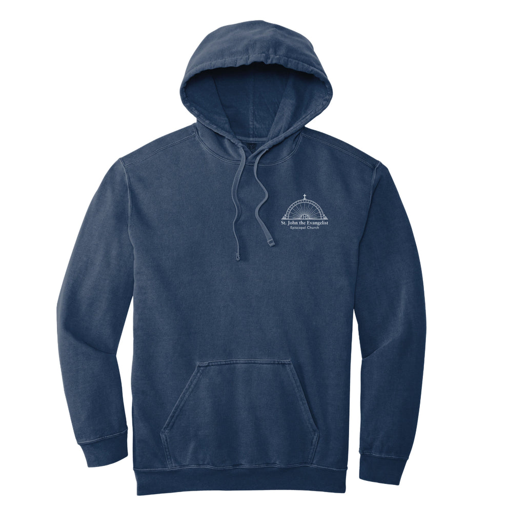Navy blue hoodie with a logo on the chest against a white background