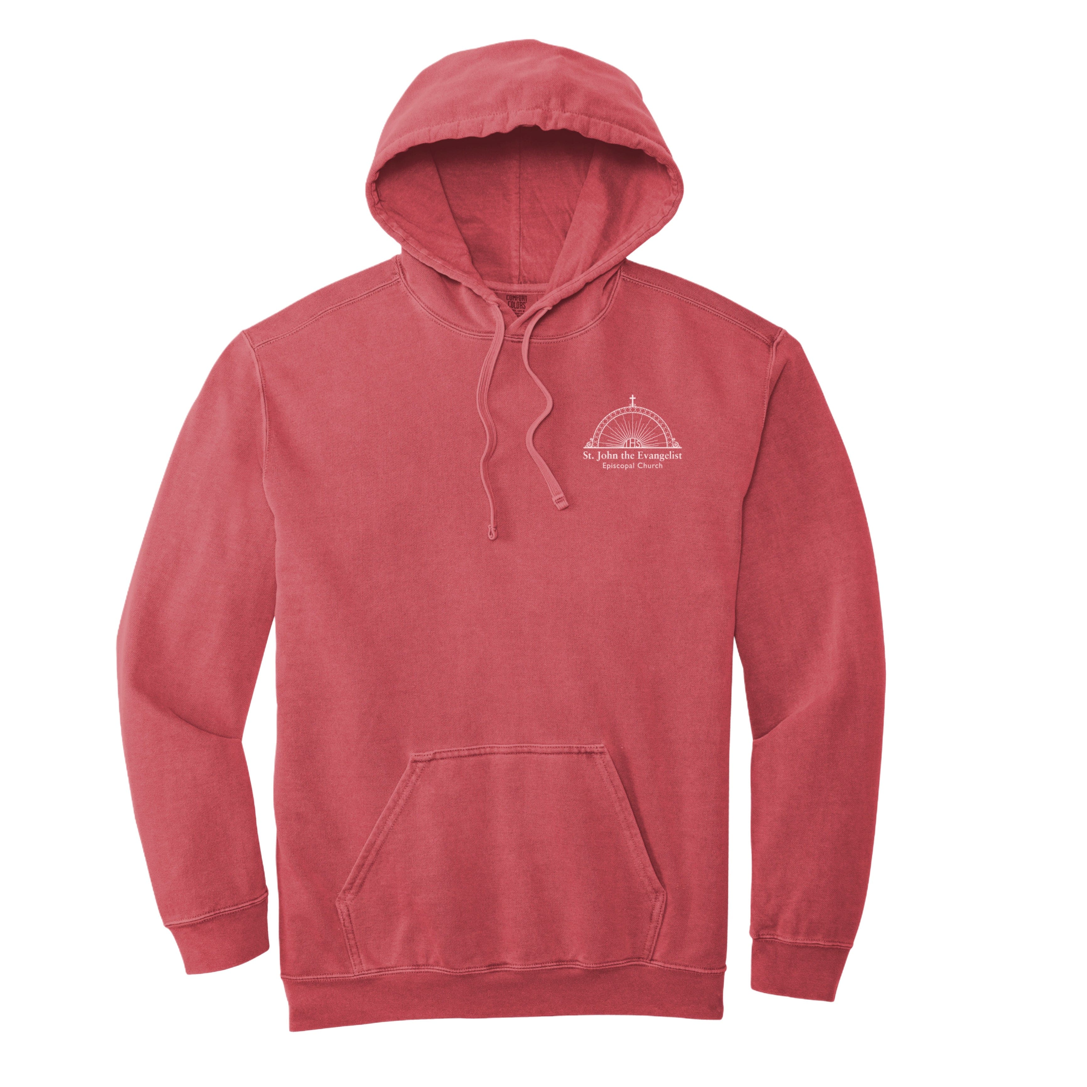 Red hoodie with a logo on the chest against a white background