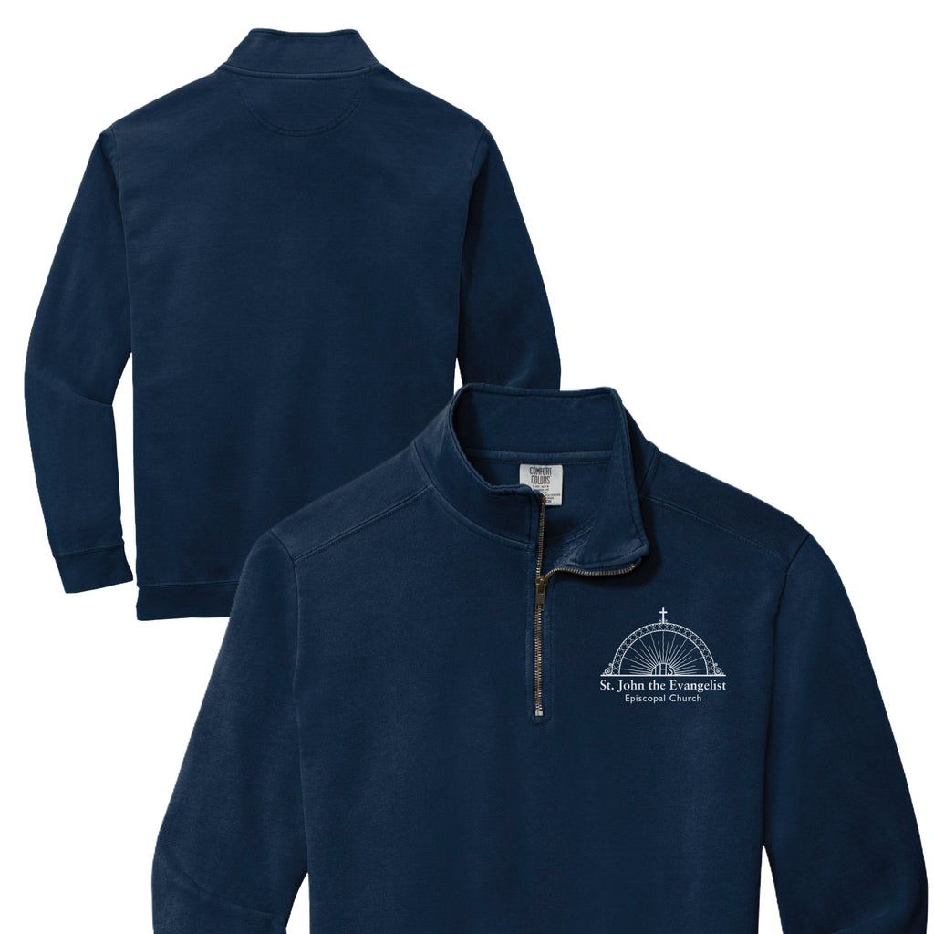 Navy blue pullover with a logo on the chest, shown from front and back on a white background.