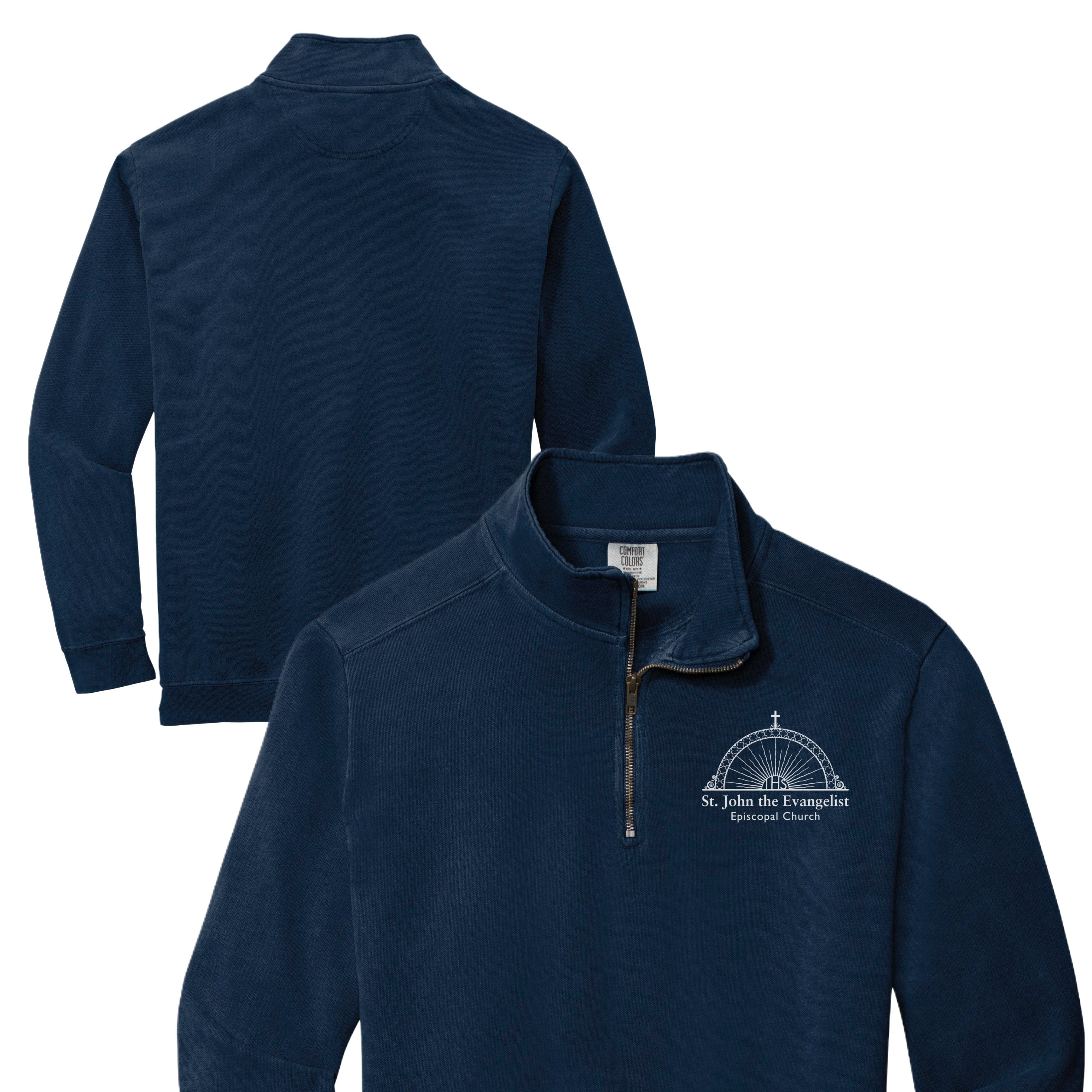 Navy blue pullover with a logo on the chest, shown from front and back on a white background.