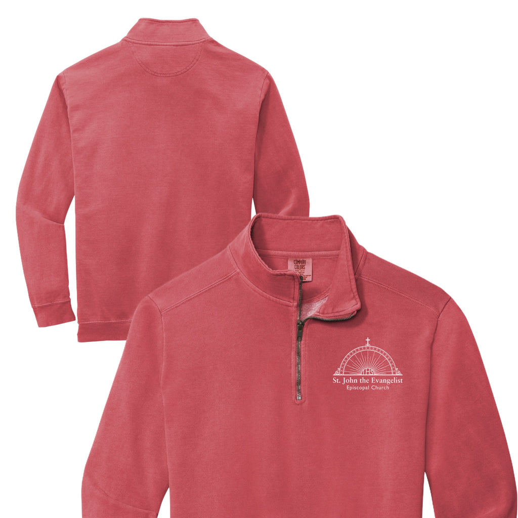 Red pullover with a logo on the chest, shown from front and back views.